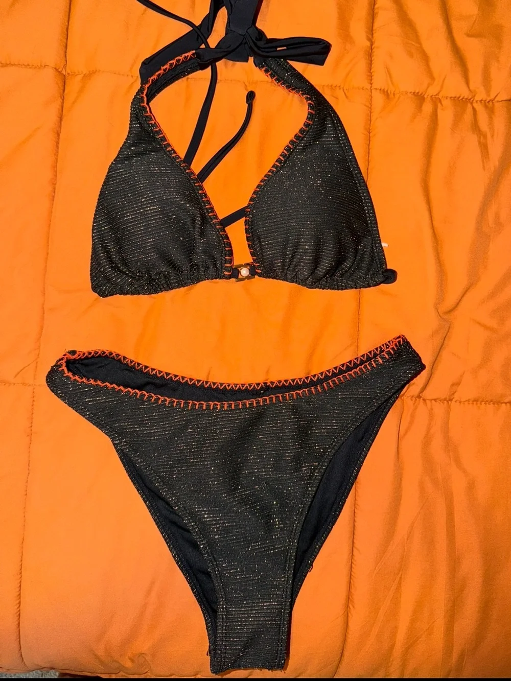 Cupshe Black Shimmer Triangle Bikini with Orange Stitching